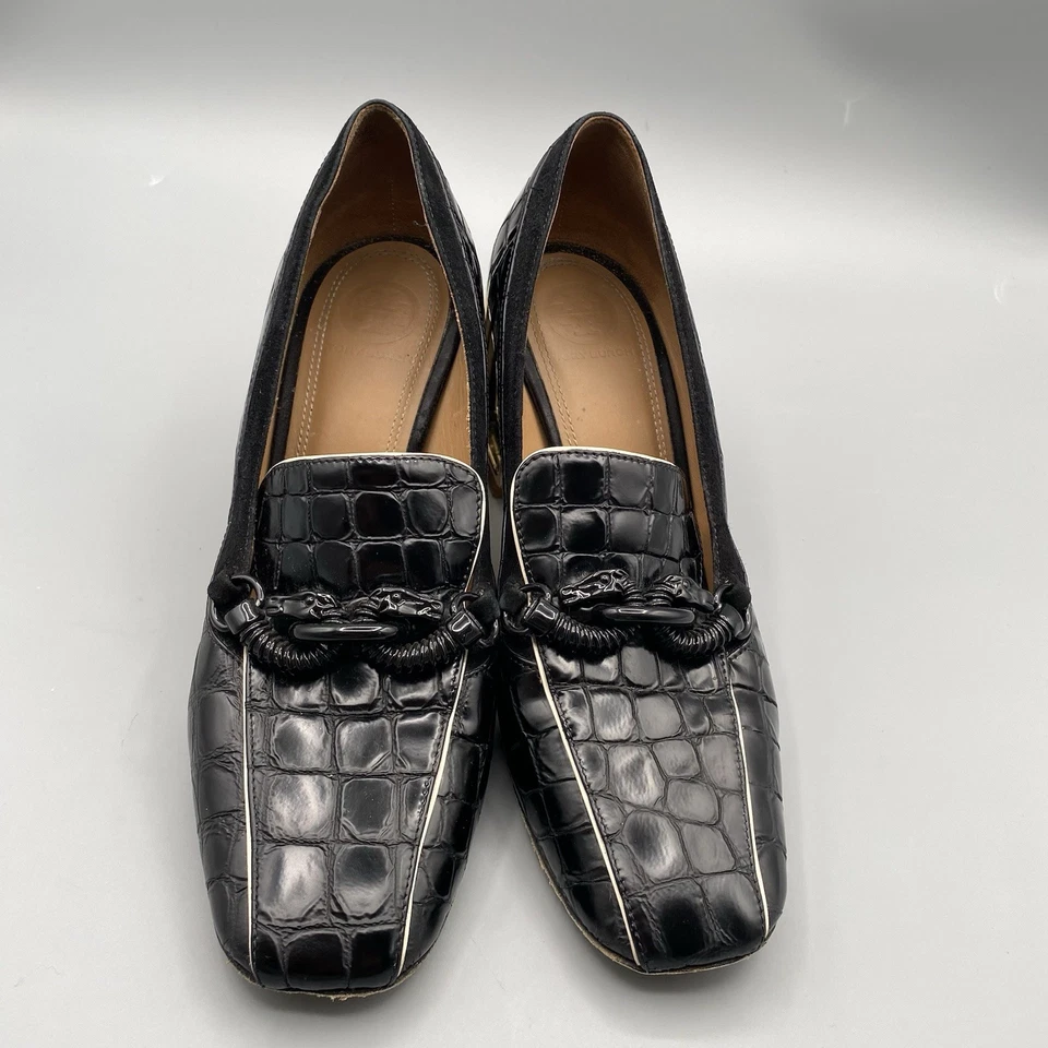AS IS Tory Burch 7. 5 Jessa Loafer Pumps Black Croc Embossed Block Heel Shoes - Image 3 of 4