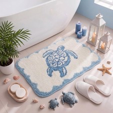 Sea Turtle Bathroom Rug, Blue White Coastal Flocked Bath Mat with Scalloped E...