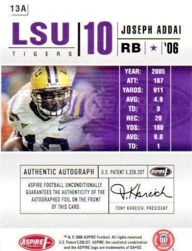 2006 Aspire Football LSU Tiger Joseph Addai Authentic Autograph - Image 2 of 2