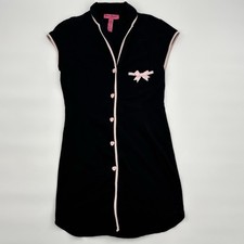 Betsey Johnson Women's Black Sleepshirt Nightgown Pink Trim Heart Buttons Bow S
