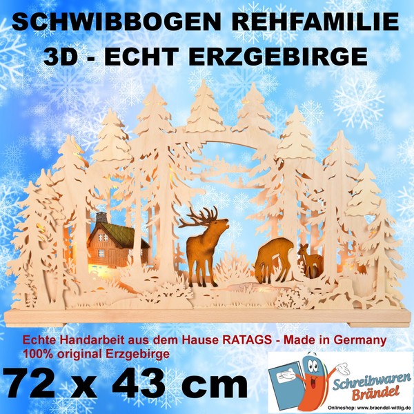 Schwibbogen 3D Rehfamilie - Ratags Echt Erzgebirge - LED - Holz Handarbeit Wald-image