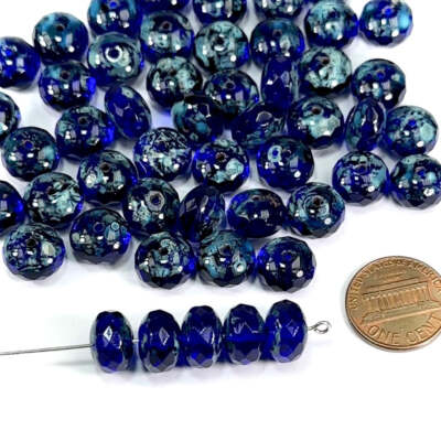 Czech Faceted Glass Doughnut Rondelle Spacer Beads 11mm Cobalt