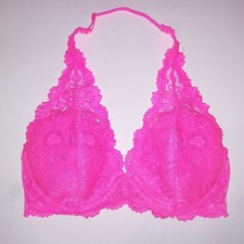 LaSenza Bra 32D Neon Pink Lace Halter Removable Push Up Padding Underwire