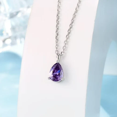 925 Sterling Silver Purple Amethyst Color Teardrop Necklace Gift For Her - Image 2 of 4