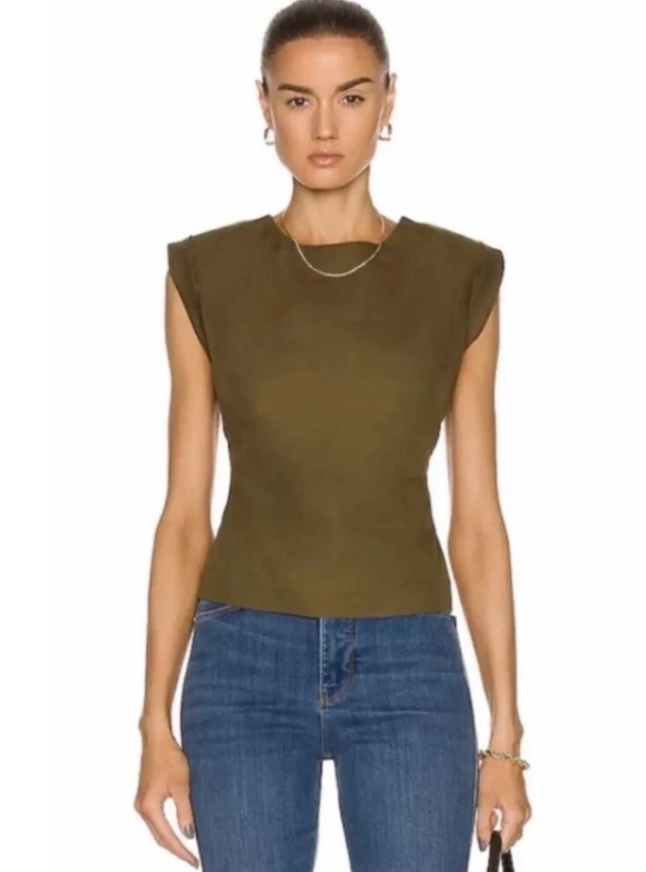 Blusa MARCO Encaje Espalda Para Mujer Pequeña Sobrepelliz Verde Ejército Mezcla de Lino Moderna NUEVA Foto 3 de 4