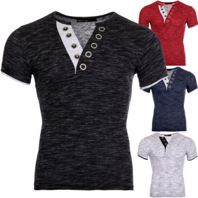 Reslad T-Shirt Herren Melange Basic Big Button V-Neck Männer Kurzarm RS-5002 SAL