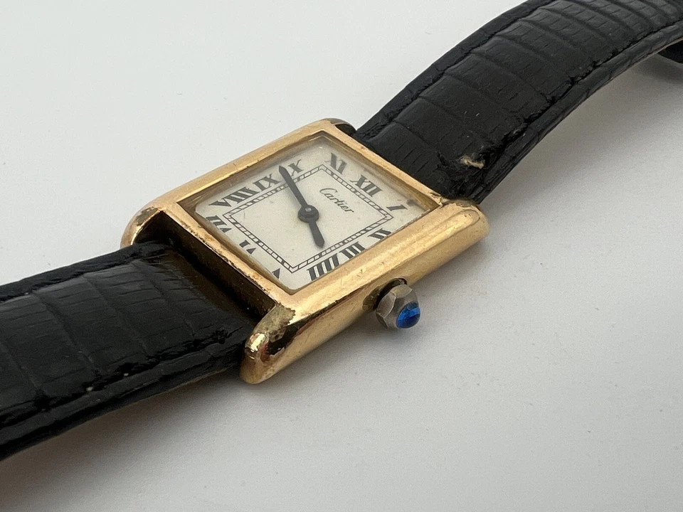Vintage Cartier Tank 18k Yellow Gold Plated 17J Dress Watch Manual Wind Black - Image 3 of 4