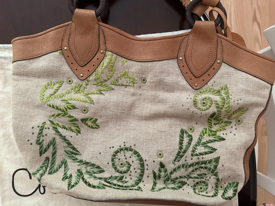 Bolso de Mano Cole Haan Grande Beige Paja Como Lino Bordado Cuero Bolso Foto 2 de 4