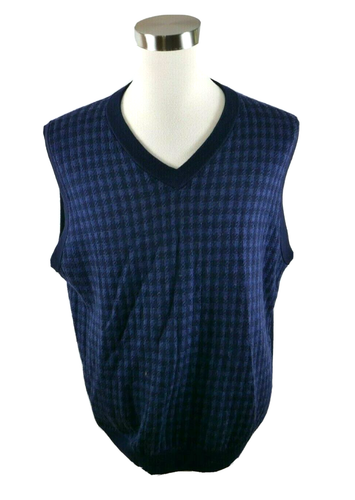 V Neck Navy Blue Plaid Sweater Vest XL 