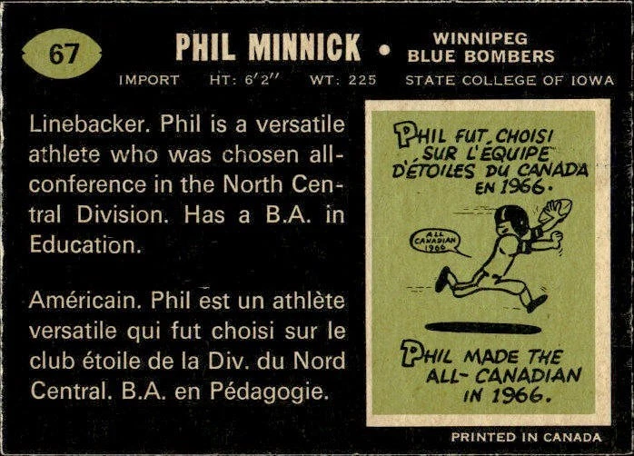 1970 O-Pee-Chee CFL Football SET BREAK #67 Phil Minnick NMMT - Image 2 of 2