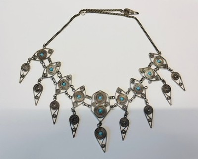 Vintage Ethno Collier Halskette mit Türkisfarbenen Steinen 49 cm Boho Statement