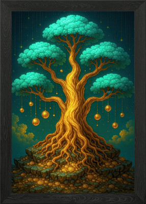 Goldener Baum mit türkisfarbenem Laub gerahmtes Wandbild Poster Leinwanddruck Bild