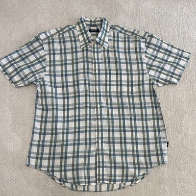 Nautical Men's XL Short Sleeve 55% Linen Button Down Green & Blue Plaid Office