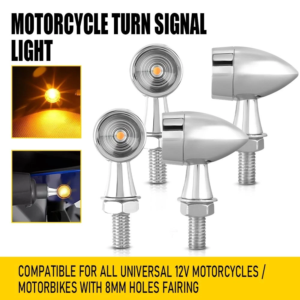 4 Intermitentes LED ámbar Universales Para Moto – Carcasa Cromada, 12V, Rosca De 10 Mm