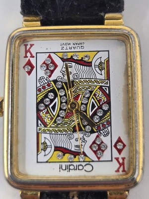 Cardini King of Diamonds Dial Wristwatch Black Strap Quartz Gold Tone Case