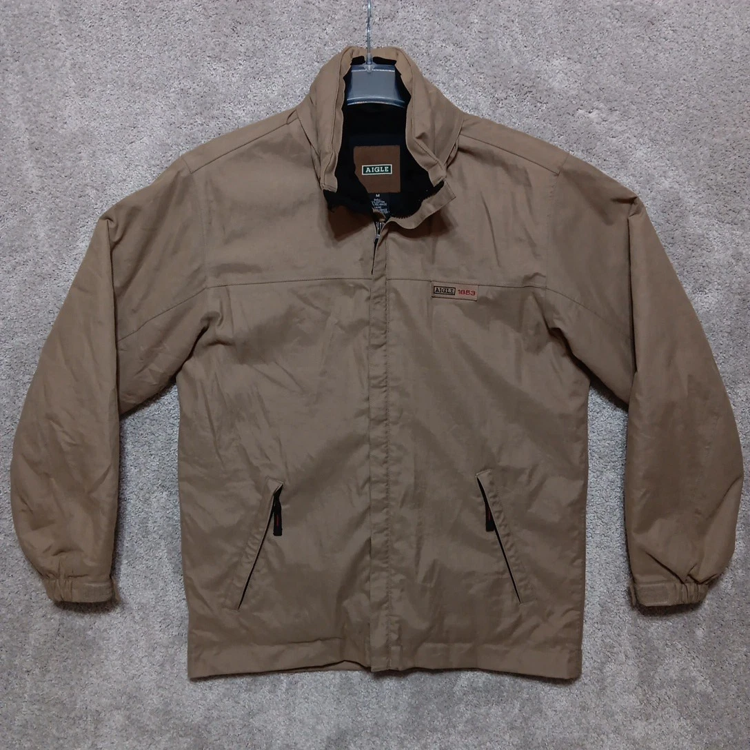 Aigle Jacket Men's Medium Beige Full Zip Chore Packable Hood Hiking Outdoors