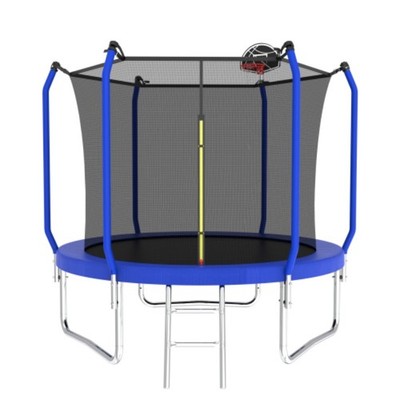 10FT Trampoline with Basketball Hoop Blue ASTM Approved Outdoor w/ Enclosure Net
