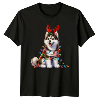 Husky Welpe Rentier Geweih Weihnachtsbeleuchtung Feiertage Weihnachten Herren T-Shirt