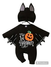 9-12M 2PCS Baby First Halloween Romper with Bat Wings  Hat "My 1st Halloween"