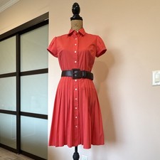 Lauren Ralph Lauren Coral Red Pleated Belted Fit/ Flare Knee Dress Size 4