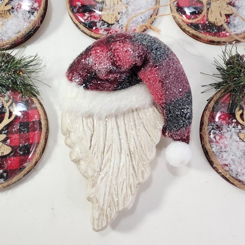 Buffalo Plaid Xmas Ornaments 14pc Lot Deer Santa Wood Rustic Red Black Decor - Picture 6 of 13