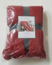 OEKO-TEX Chunky Knit Throw Blanket with Pom-Poms Burgundy/Red  50"x 60"