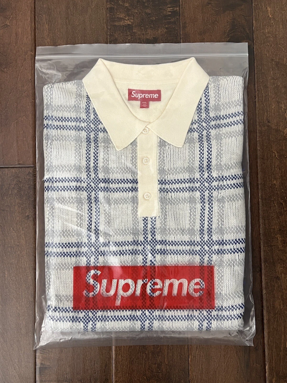 Polo Supreme SS24 tricot à carreaux S/S blanc crème naturel taille XXL neuf EN MAIN