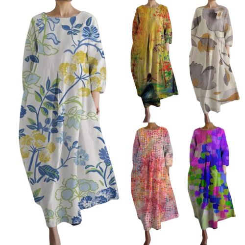 Women's Loose Dress Round Neck Floral Printed 3/4 Sleeve Casual Maxi Long Dress