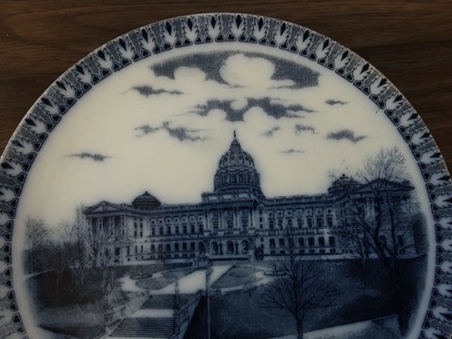 Vintage Our State Capital Harrisburg Pa Plate made in England flow blue white - Picture 2 of 7