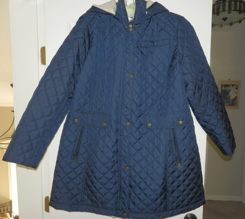 NICE Womens 1X Larry Levine Quilted COAT Navy Blue Hooded 3 Season Sherpa
