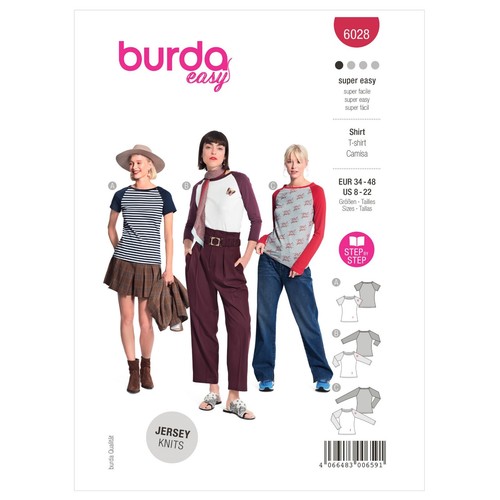 BURDA 6028 MISSES T SHIRTS Sewing Pattern Sizes 8 - 22 SUPER EASY - Picture 1 of 5