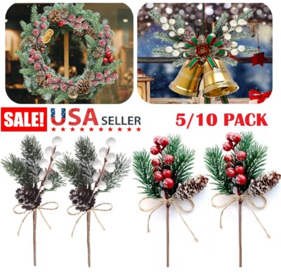 10× Artificial Christmas Berries Pine Cones Pine Picks with Snowflakes Holly US