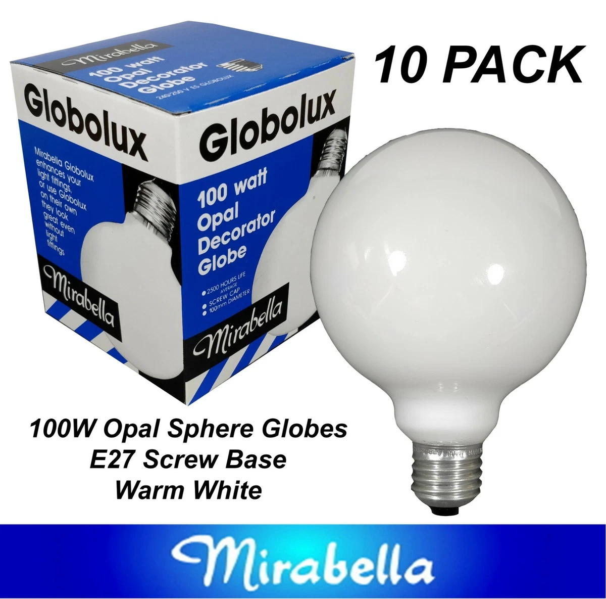 10 x 100W Incandescent Large 100mm Sphere Light Globes Bulbs E27 Screw Dimmable