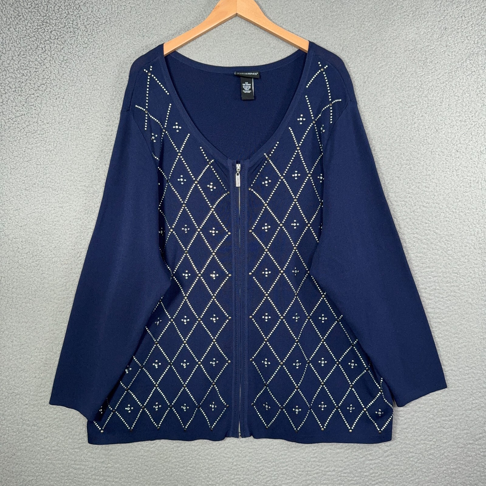 Catherines Womens 3X Navy Blue Silver Embellished Full Zip Cardigan Jacket-image