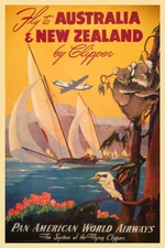 Fly To Australia & New Zealand By Clipper Vintage Travel Poster