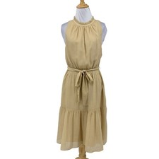 Ann Taylor Dress Womens 8 Champagne Metallic Dobby Halter Tiered Tie Waist Midi