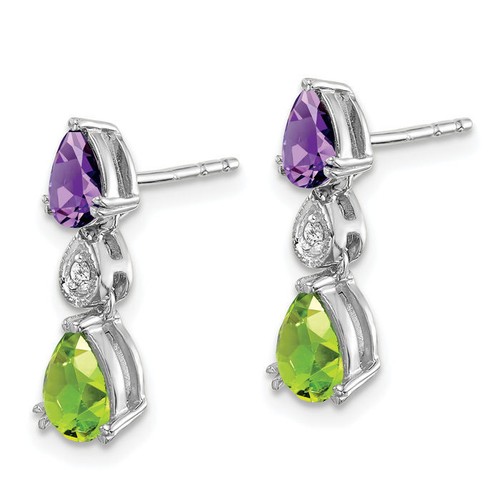 14K Solid White Gold Amethyst Peridot Diamond Dangle Earrings - Picture 3 of 5