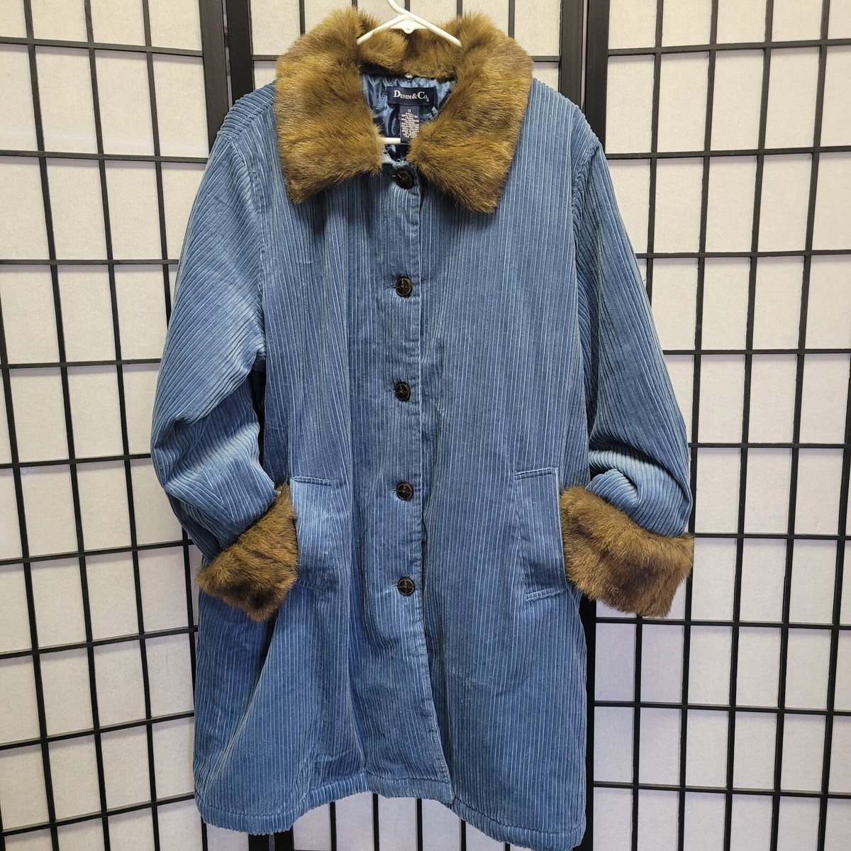 Blue Corduroy Jacket Suede Cuff Collar Included Removable Faux Fur Set A28