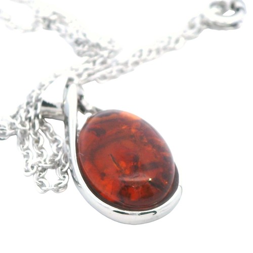 Silver and Amber Necklace – 44cm Chain, Oval Amber Pendant - Picture 2 of 10