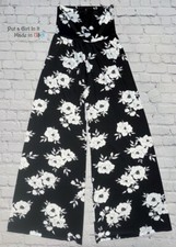 USA Womens JUP HIGH WAISTED BLACK WHITE FLORAL SILKY BOHO PALAZZO PANTS S M L