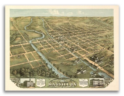 1870 Massillon Ohio Vintage Old Panoramic City Map - 18x24
