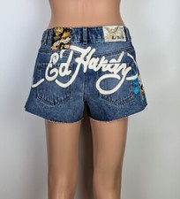 NWT Ed Hardy Denim Shorts Blue Flame Skull Mini Cut Off Graphic size 26