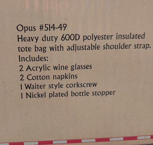 INSULATED WINE TOTE SERVICE FOR 2 PICNIC TIME glasses, corkscre. - Picture 3 of 8