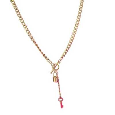 Lock and Key Thick Chain Link Necklace Gold Tone