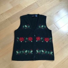 Vintage Christmas Vest Poinsettia Holly Embroidery Knit Cotton Size Small
