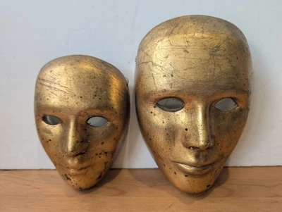 Set of 2 Gilded Ceramic Venetian Carnivale Masks - 12cm & 16cm - Prop/Decor - Image 1 of 4