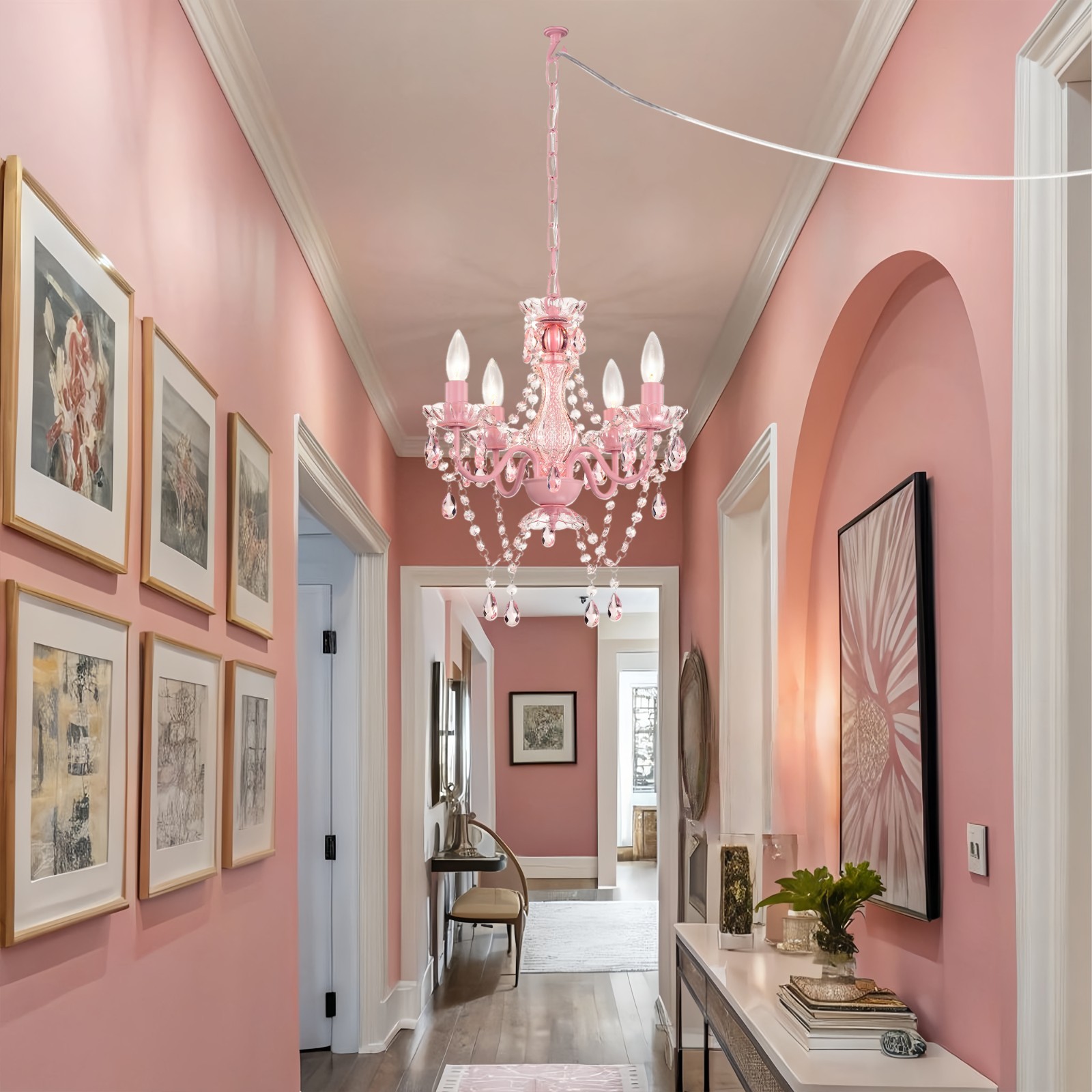 Plug-In Crystal Chandelier Pink 4-Light Mini Ceiling Fixture for Girls Bedroom