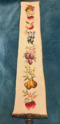 Vintage MCM Embroidered Bell Pull, Fruit Design W/Heavy Brass Trim - GORGEOUS