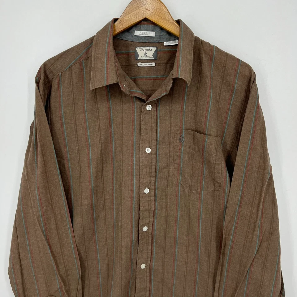 Volcom Long Sleeve Button Shirt Men's L Brown Striped Pocket Cotton Y2K Skate - Image 2 of 4