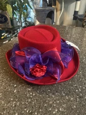 Chic Red and Purple Women's Wool Felt Hat with Floral Accent Red Hat Society 